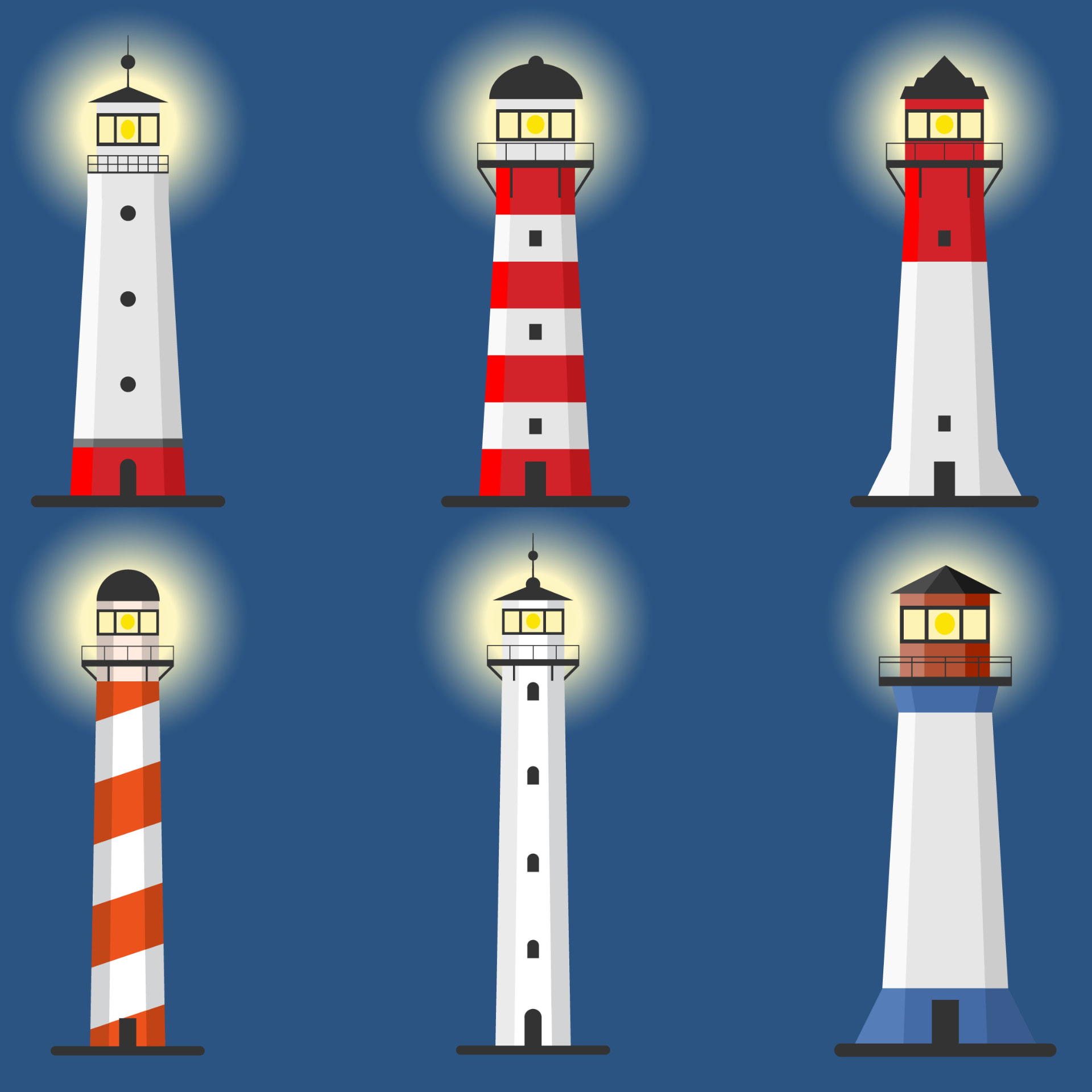 Illustrated lighthouses at night