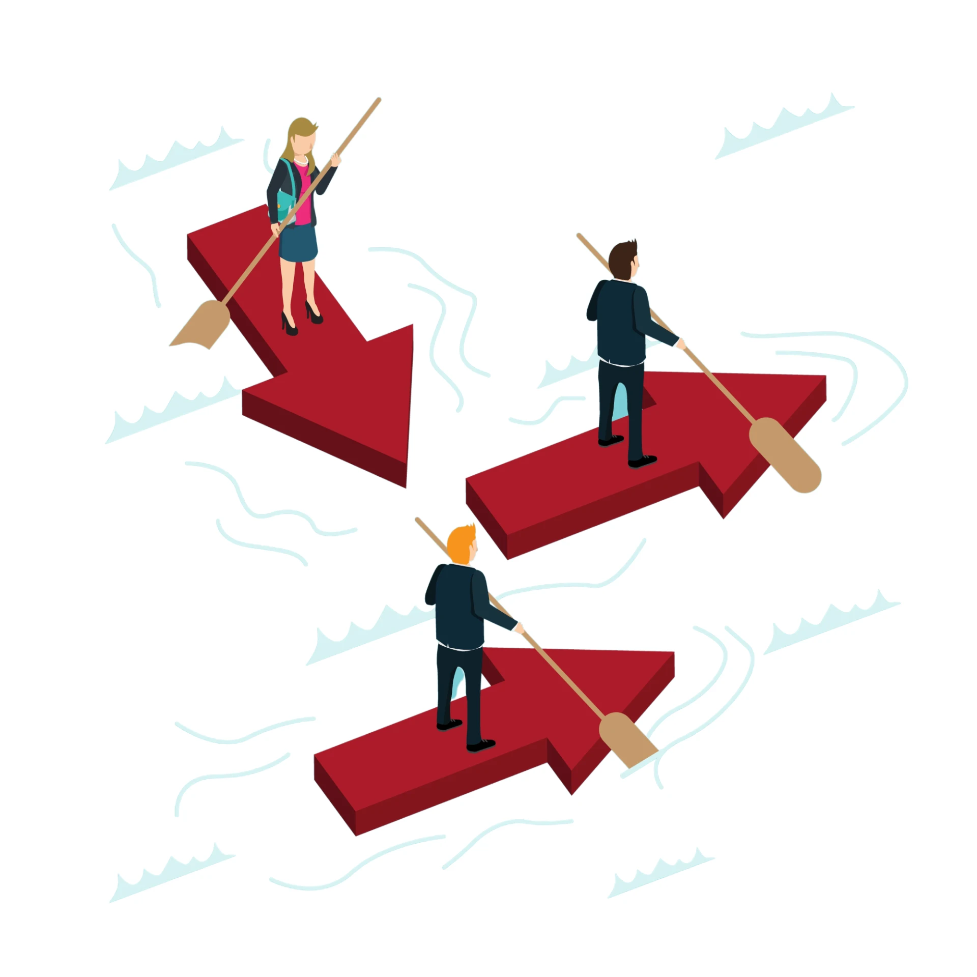 Three people paddling together on direction arrows